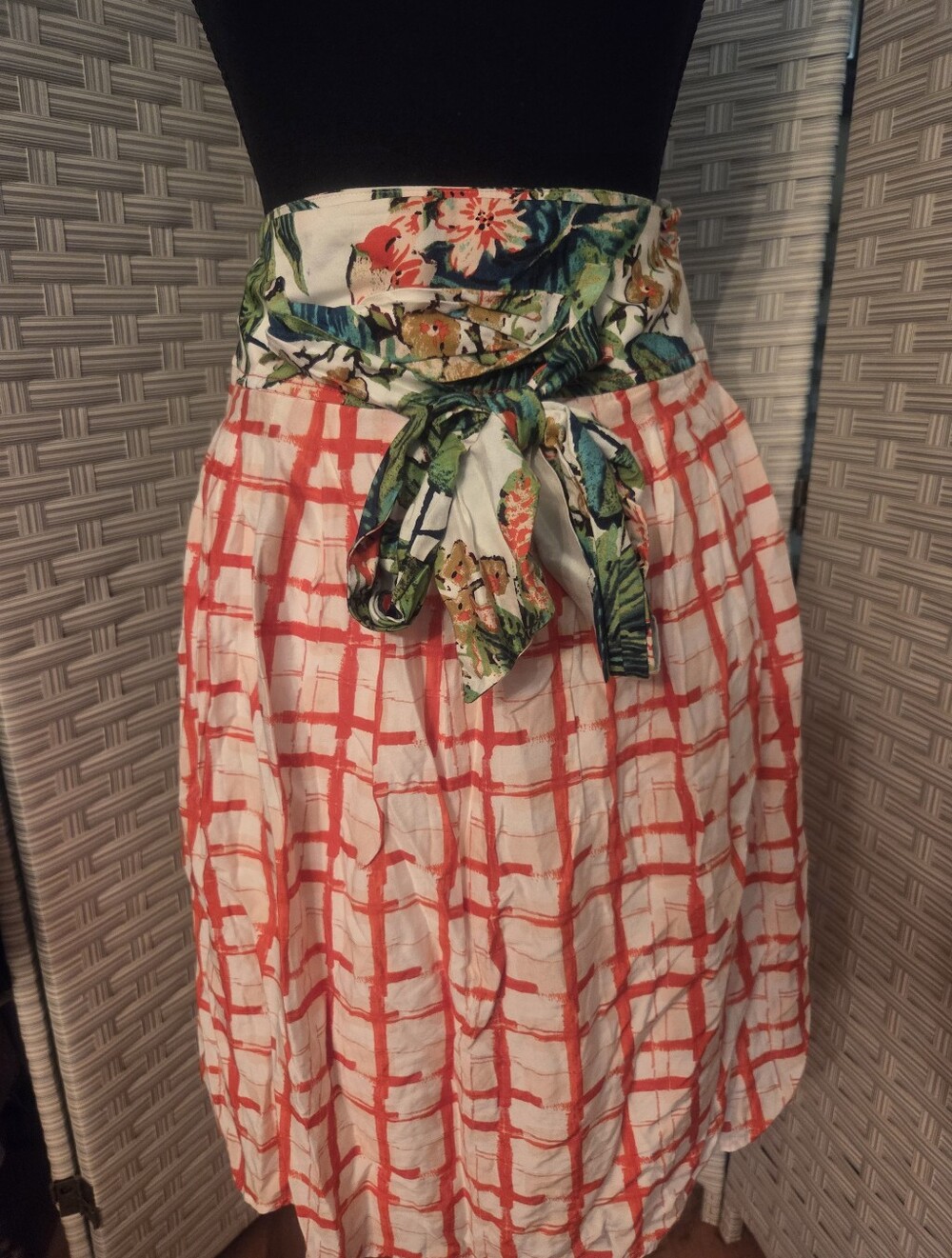 Maeve Anthropologie White Silk Midi Skirt with Coral Plaid and Floral Waist Tie